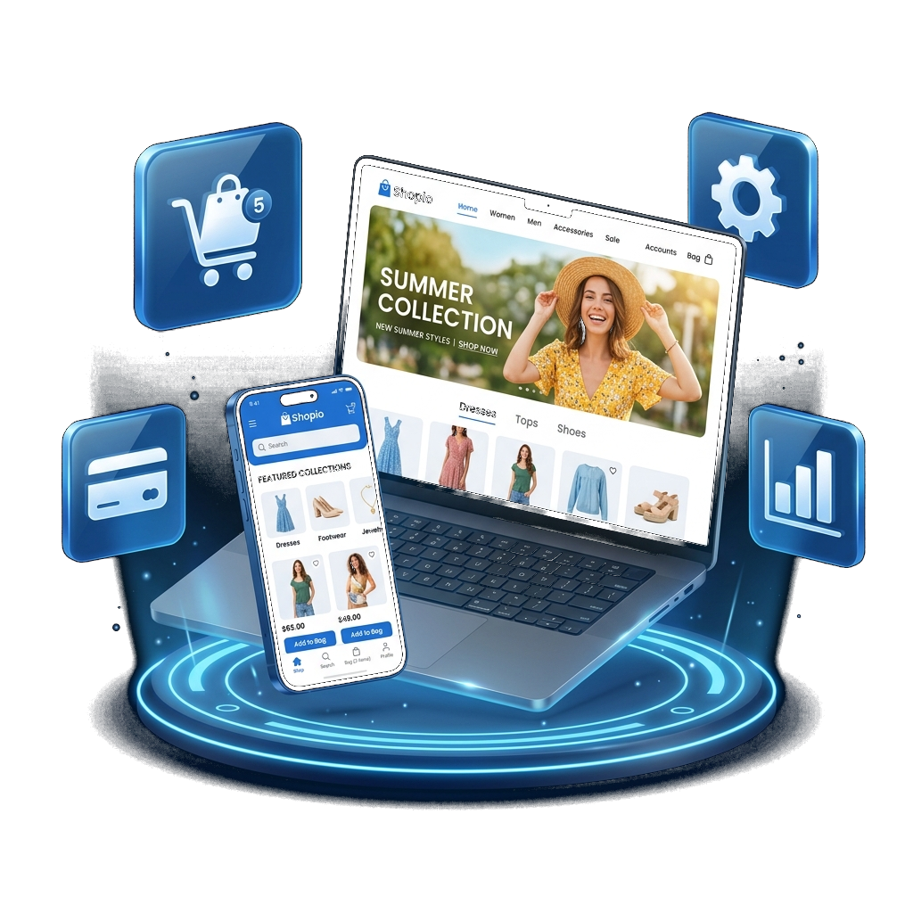 eCommerce dashboard on laptop and mobile surrounded by shopping and analytics icons
