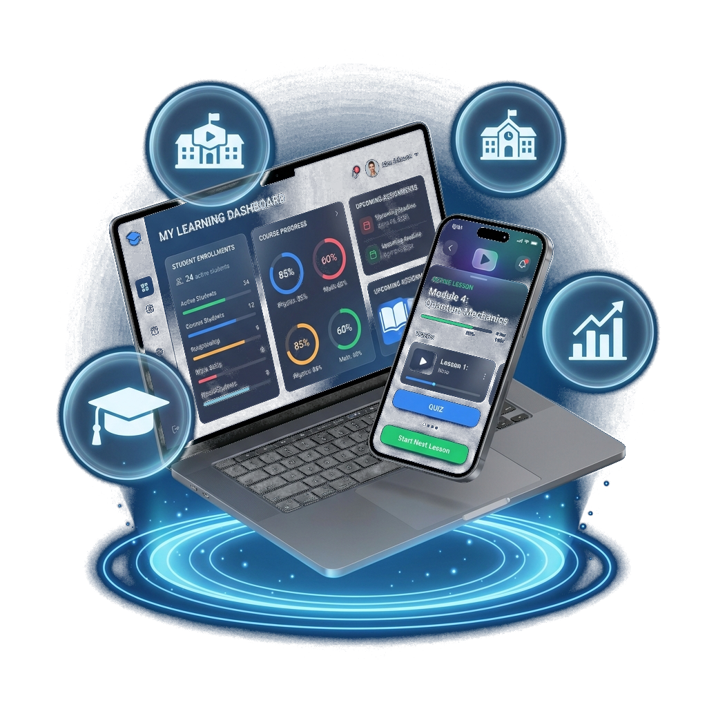 Learning dashboard on laptop and student app surrounded by education icons