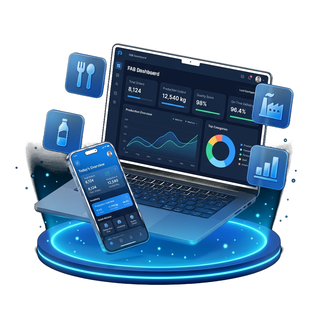 Restaurant dashboard on laptop and restaurant app surrounded by food and beverage icons