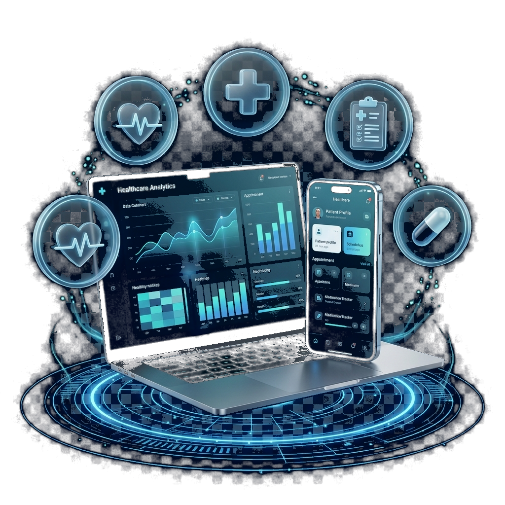 Healthcare dashboard on laptop and mobile surrounded by medical and health icons