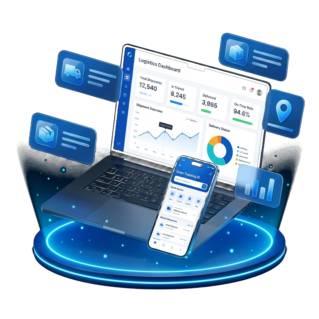 Shipment dashboard on laptop and tracking app surrounded by logistics icons