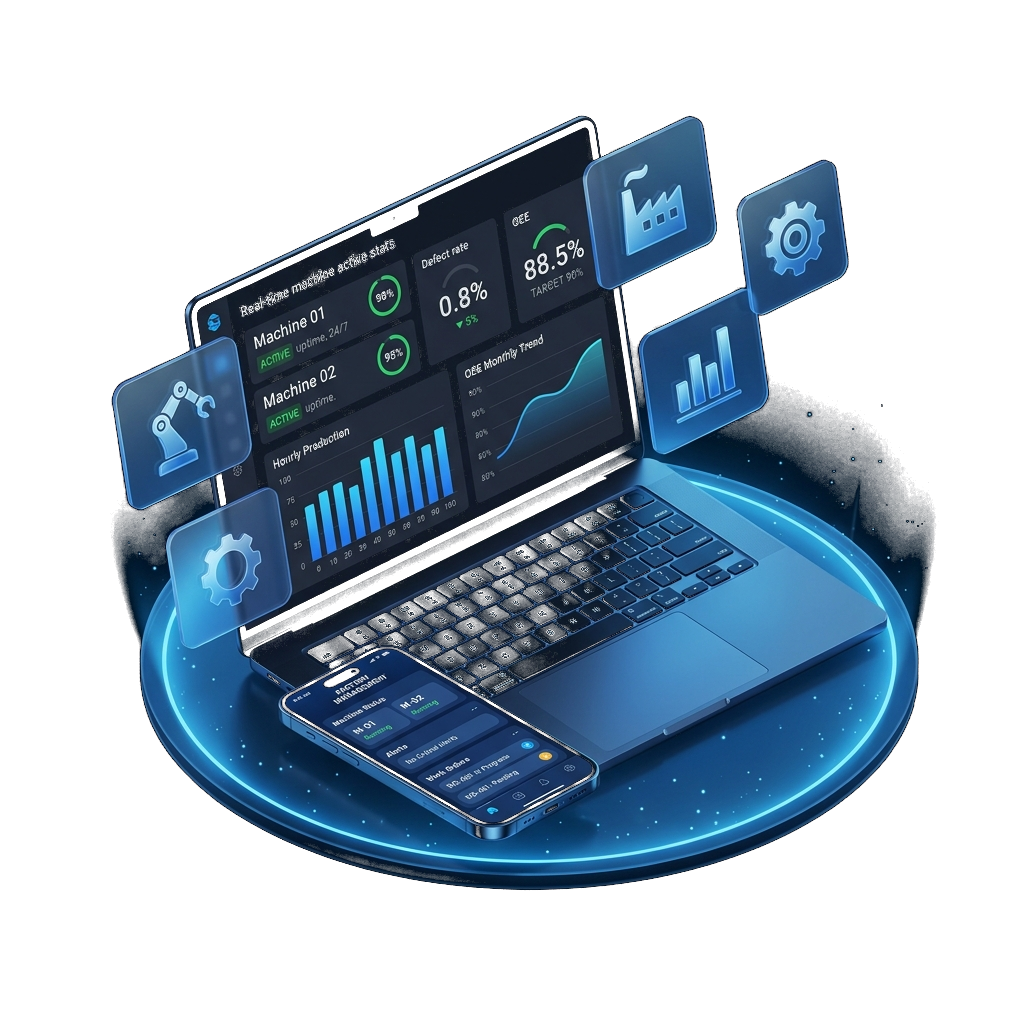 Production dashboard on laptop and factory mobile app surrounded by manufacturing icons
