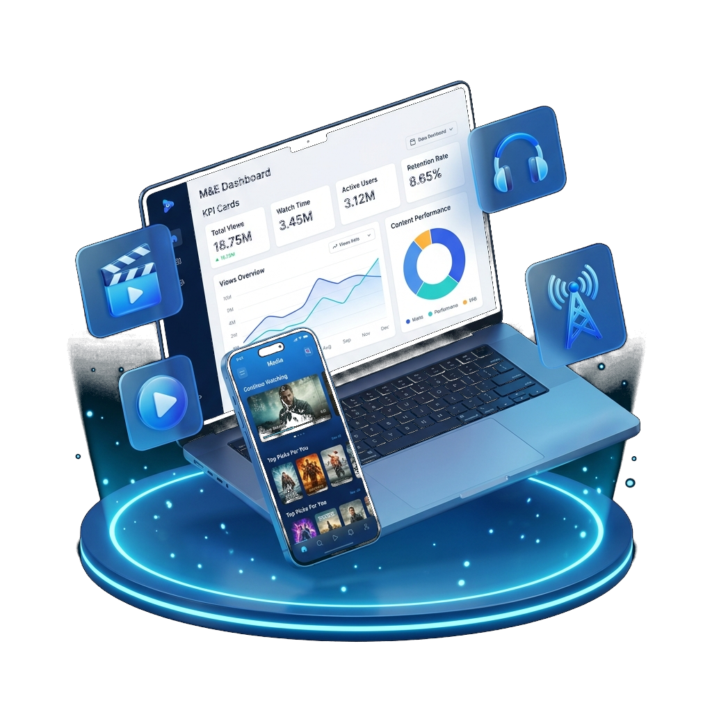 Media dashboard on laptop and streaming app surrounded by entertainment icons