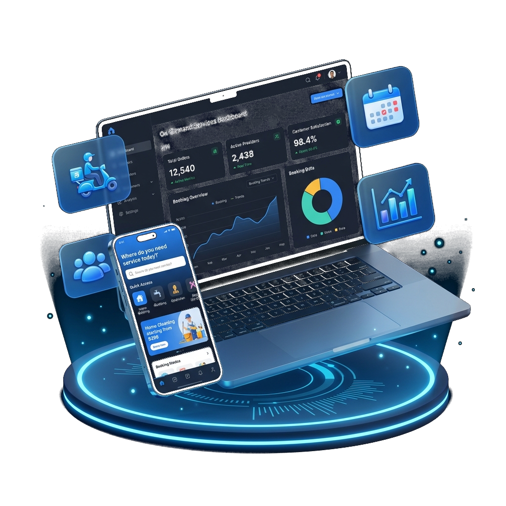 Service dashboard on laptop and booking app surrounded by on-demand service icons