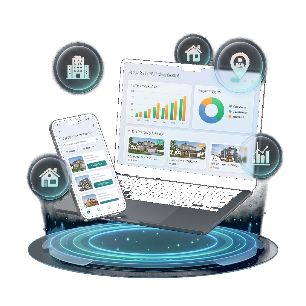 Property dashboard on laptop and property app surrounded by real estate icons