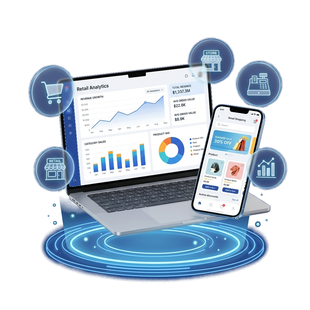 Retail dashboard on laptop and mobile surrounded by store and analytics icons