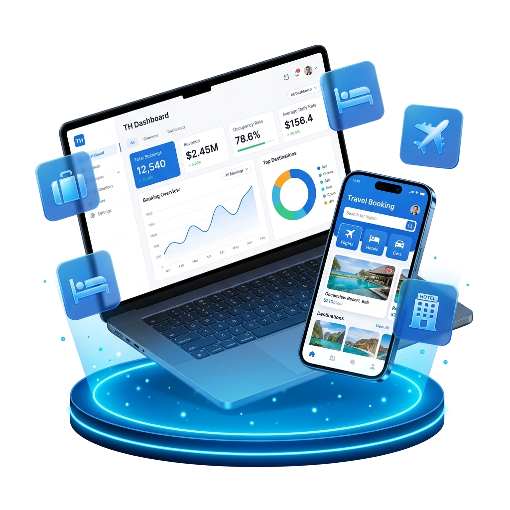 Travel dashboard on laptop and booking app surrounded by travel and hospitality icons