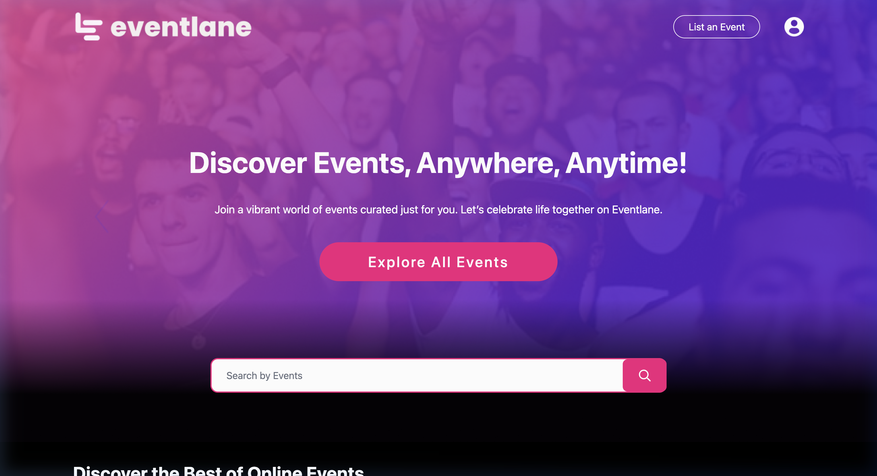 Eventlane staging platform homepage showcasing modern event management interface - Slide 1