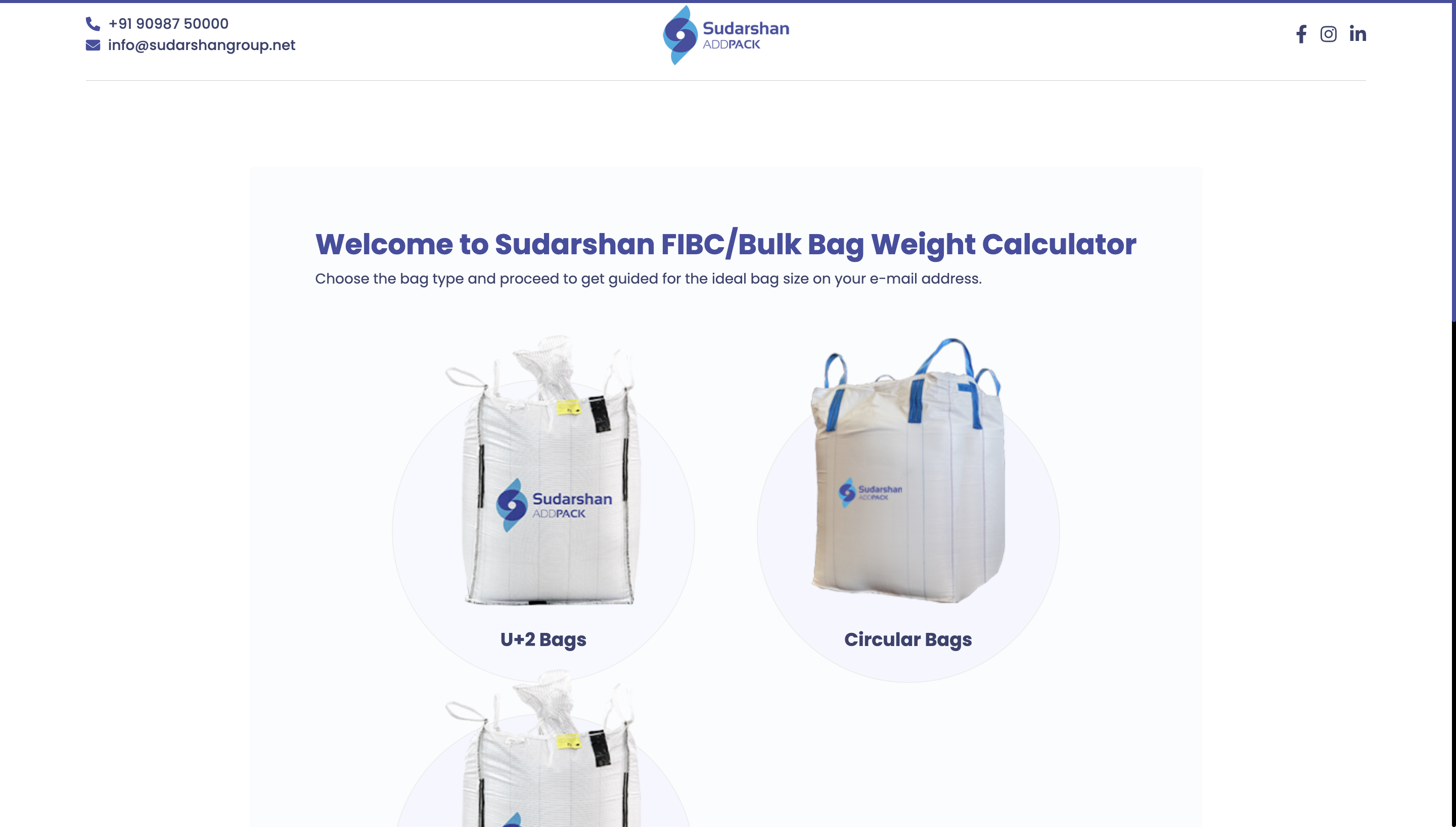 Sudarshan Addpack bulk bag calculator web page interface - Slide 1