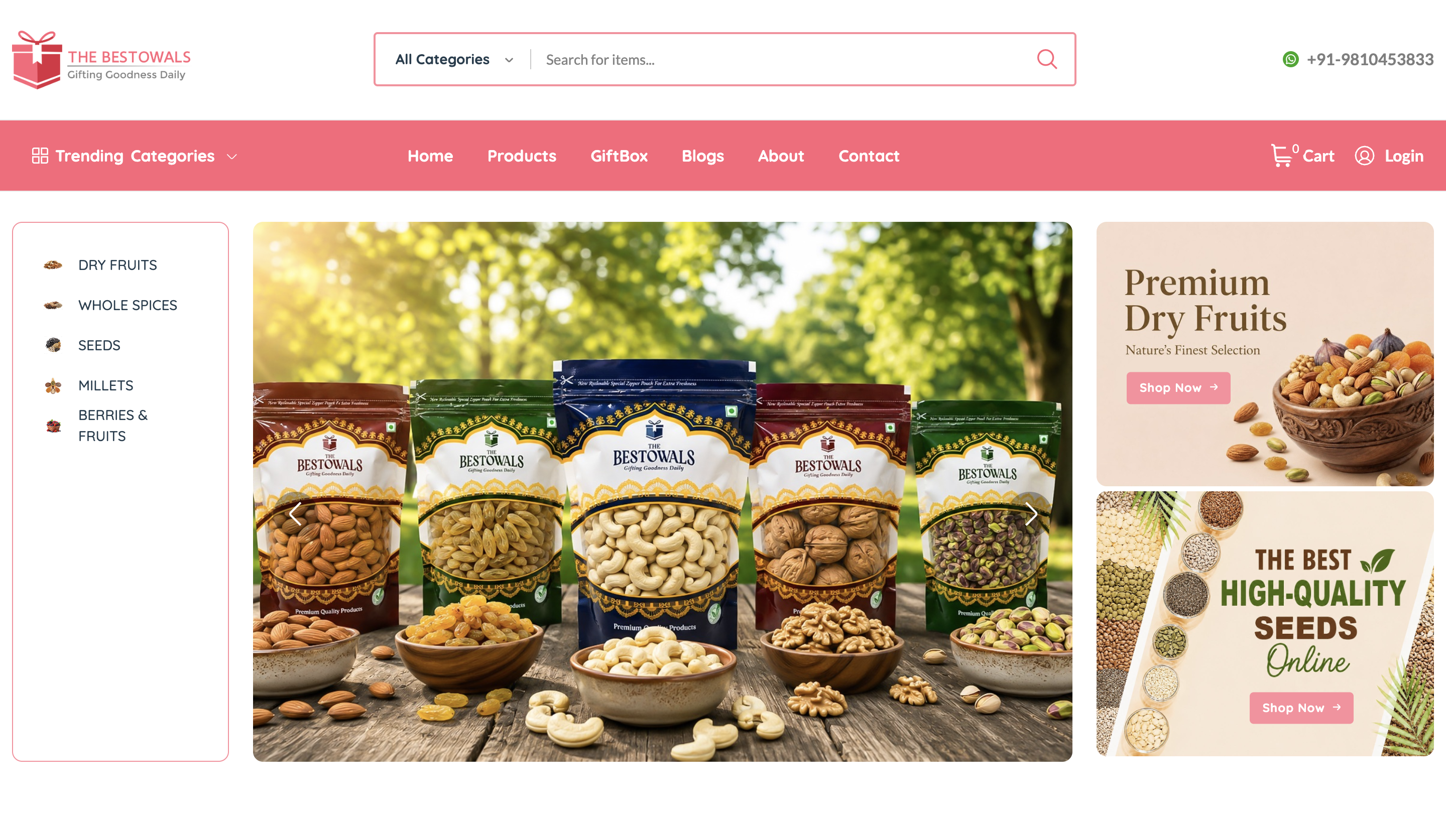 The Bestowals eCommerce platform homepage showcasing premium dry fruits and packaging - Slide 1