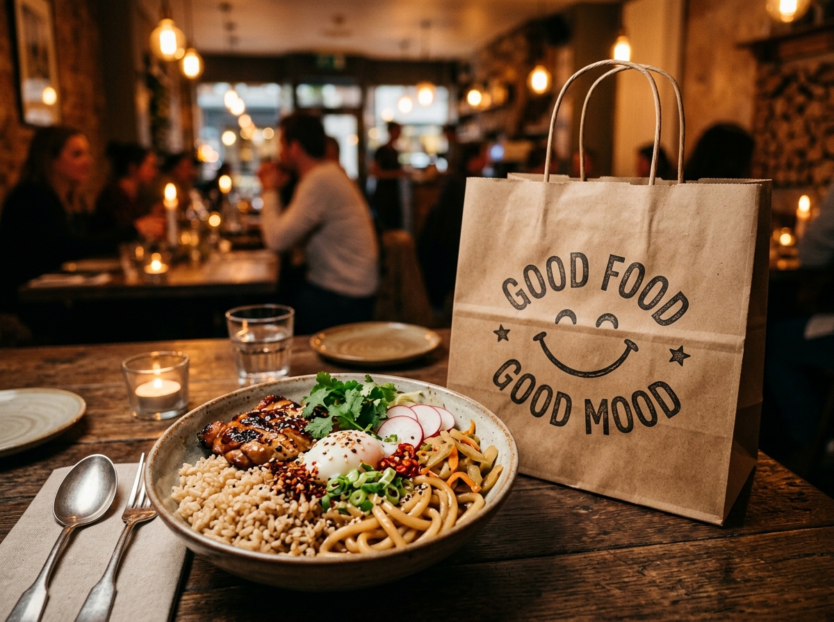 Delicious food bowl and delivery bag